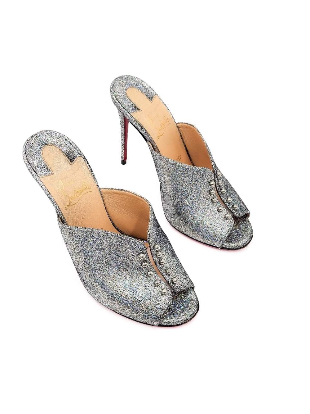 Christian Louboutin Predumule 100 Silver Leather Mica Studded Mule Heels EU 38